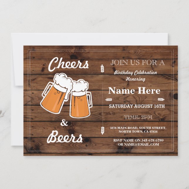 CHEERS & BEERS Birthday Party Any Age Wood Invite (Front)