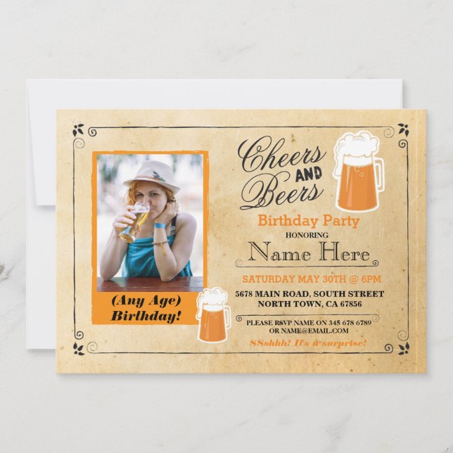 Cheers & Beers Birthday Party Beer Photo Invite 40 (Front)