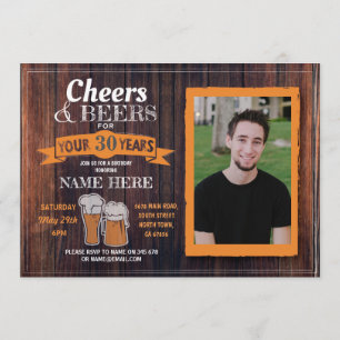 Cheers & Beers Birthday Photo Rustic Mens Invite