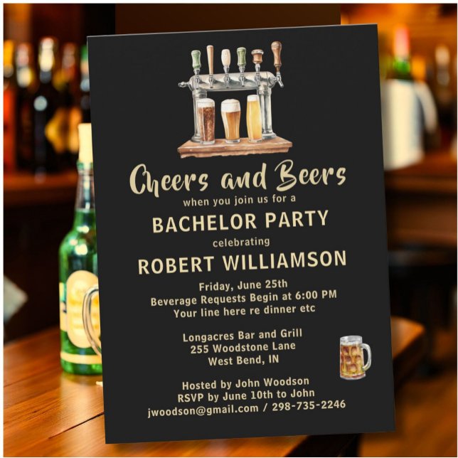 Cheers & Beers Black & Gold Bachelor Party  Invitation (Creator Uploaded)
