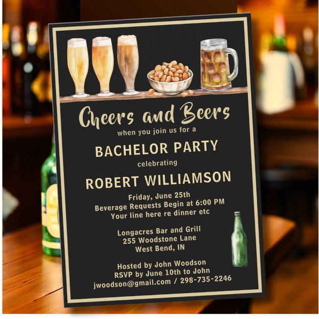 Cheers & Beers Black & Gold Bachelor Party  Invitation (Creator Uploaded)