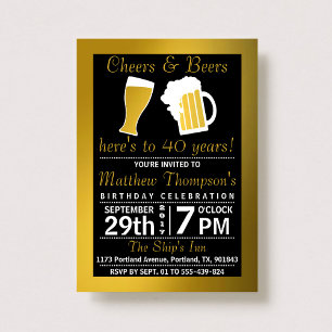 Cheers & Beers Black & Gold Birthday Party Invitation