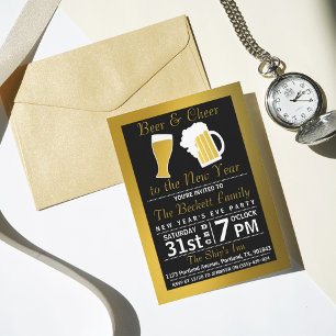 Cheers & Beers Black & Gold New Year's Eve Party Invitation