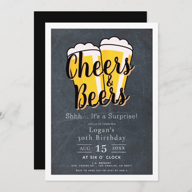 Cheers & Beers Chalkboard Surprise Birthday Party Invitation (Front/Back)