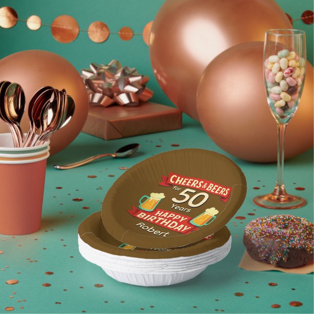 Cheers & Beers for 50 Years Happy Birthday NAME  Paper Plate (Multi)