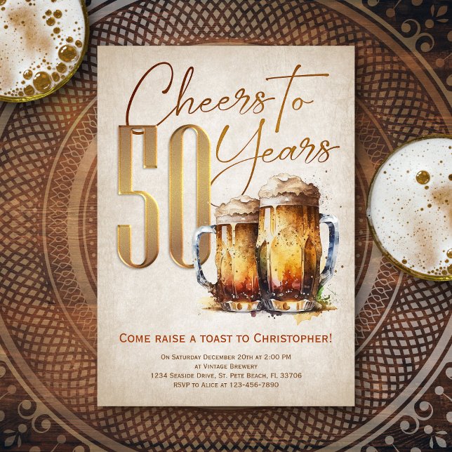 Cheers & Beers Mens Funny 50th Birthday Invitation (Creator Uploaded)