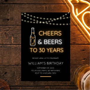 Cheers & Beers Neon Sign 30th Adult Birthday Photo Invitation