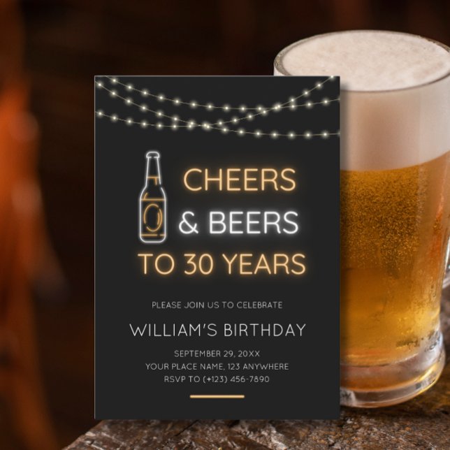 Cheers & Beers Neon Sign 30th Adult Birthday Photo Invitation (Creator Uploaded)