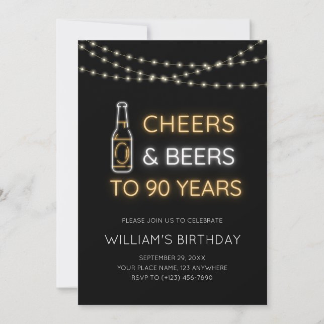 Cheers & Beers Neon Sign 90th Adult Birthday Photo Invitation (Front)
