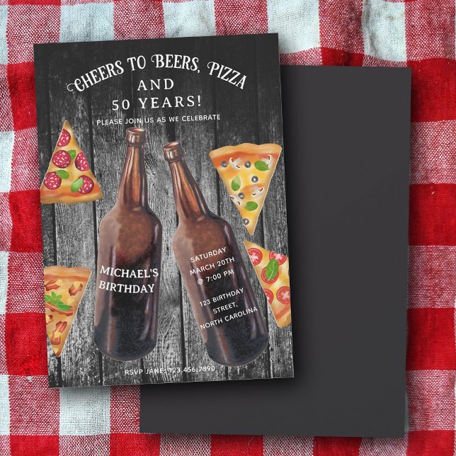 Cheers Beers Pizza 50th Beer Birthday Party Invitation (Cheers Beers Pizza 50th Beer Birthday Party Invitation)