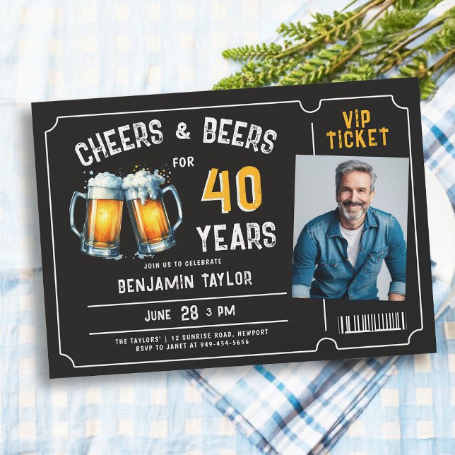 Cheers Beers Ticket Men Black 40th Birthday Photo Invitation (cheers and beers 40 years men birthday party invitation with photo black white orange ticket rustic)