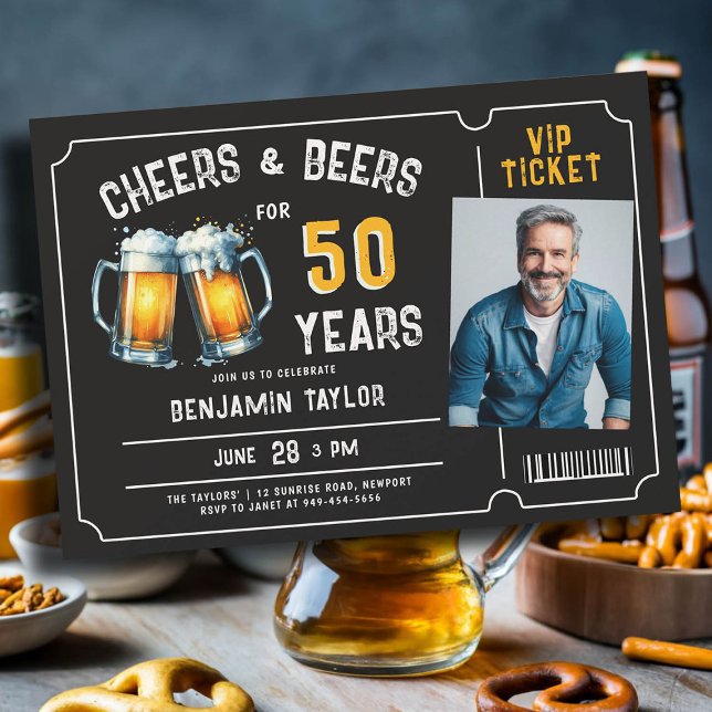 Cheers Beers Ticket Men Black 50th Birthday Photo Invitation (mens 50th birthday beer party invitation ticket photo black white yellow cheers rustic fun classy)