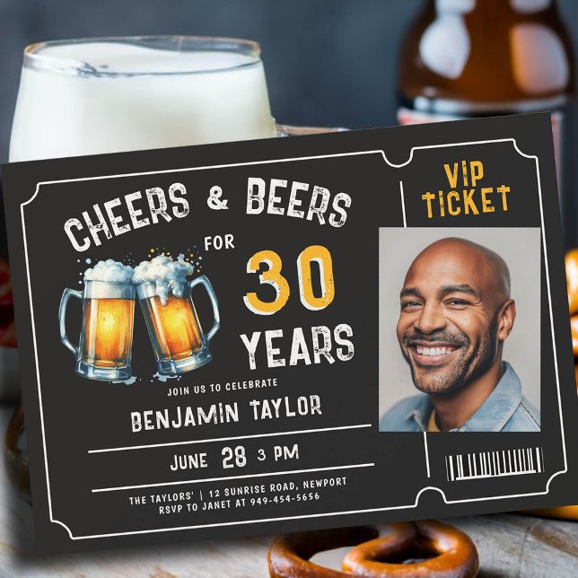 Cheers Beers Ticket Men Rustic 30th Birthday Photo Invitation (mens 30th birthday beer party invitation ticket photo black white yellow cheers rustic fun classy)