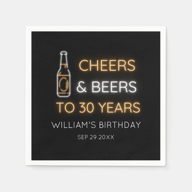 Cheers & Beers to 30 Years Neon Sign Birthday Napkin (Front)