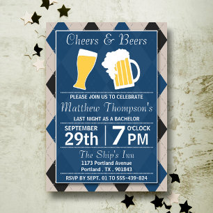 Cheers & Beers Trendy Blue Bachelor Party Invitation