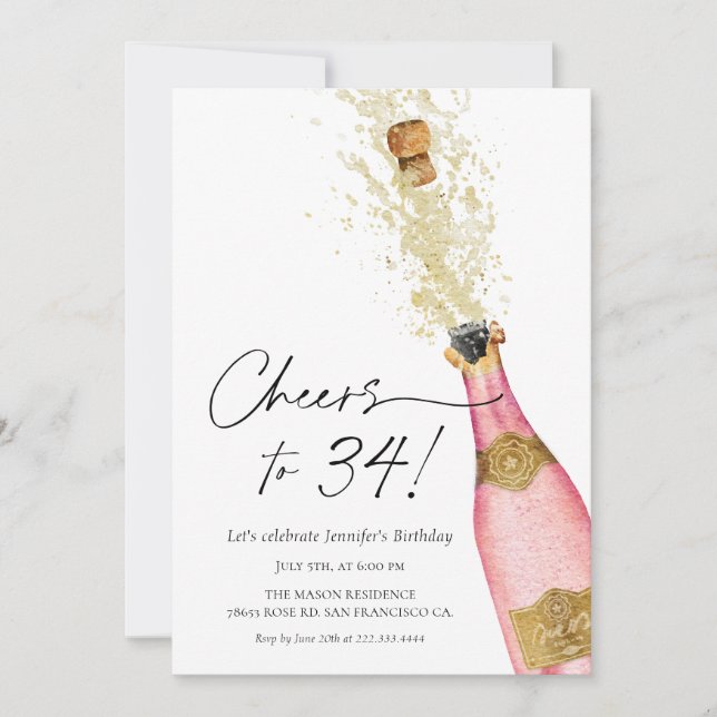 Cheers Birthday Pink and Gold Photo Invitation (Front)