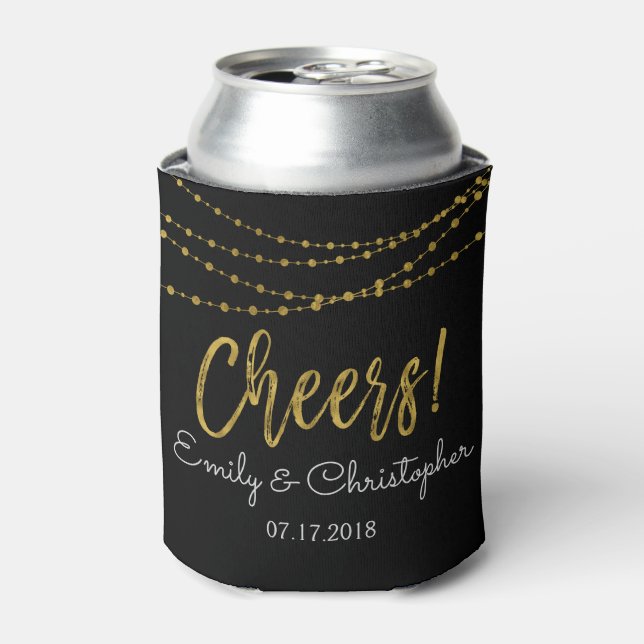 Cheers Black and Gold Foil String Lights Can Cooler (Can Front)