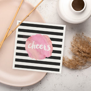 Cheers Black Stripe & Pink Watercolor Napkin