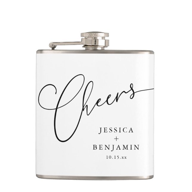 Cheers Black White Script Custom Wedding Favour Hip Flask (Front)