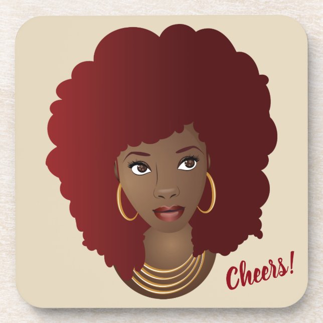 Cheers! Black Woman, Red Afro, Natural Hair Coaster (Front)