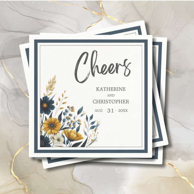 Cheers Blue Yellow Floral Elegant Wedding Napkin (Cheers Blue Gold Floral Wedding Cocktail Napkin with Couple Names, Wedding Date.)