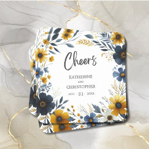 Cheers Blue Yellow Wildflowers Elegant Wedding Square Paper Coaster
