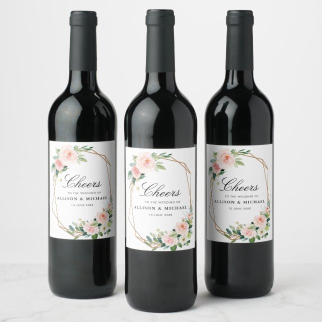 CHEERS | blush pink floral wedding Wine Label (Bottles)