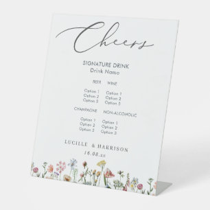 Cheers Boho Colourful Wild Flowers Wedding Bar Men Pedestal Sign