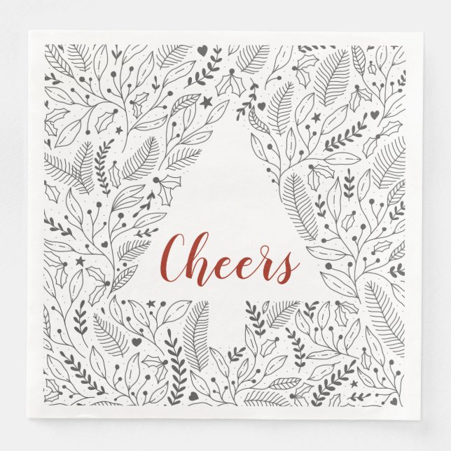 "Cheers" Botanical Line Art/Christmas Tree Napkin (Front)
