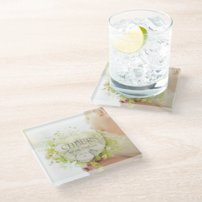 Cheers Bride flower bouquet editable wedding Glass Coaster (Angled)