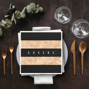 Cheers Bronze Foil Black Stripes Holiday Party Napkin