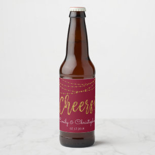 Cheers Burgundy and Gold Foil String Lights Beer Bottle Label