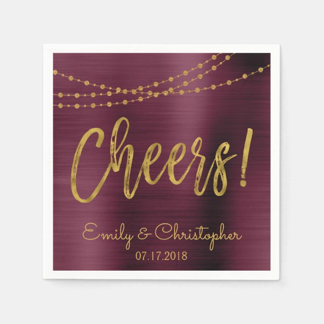 Cheers Burgundy and Gold Foil String Lights Napkin (Front)
