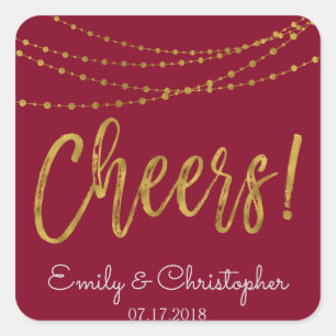 Cheers Burgundy and Gold Foil String Lights Square Sticker