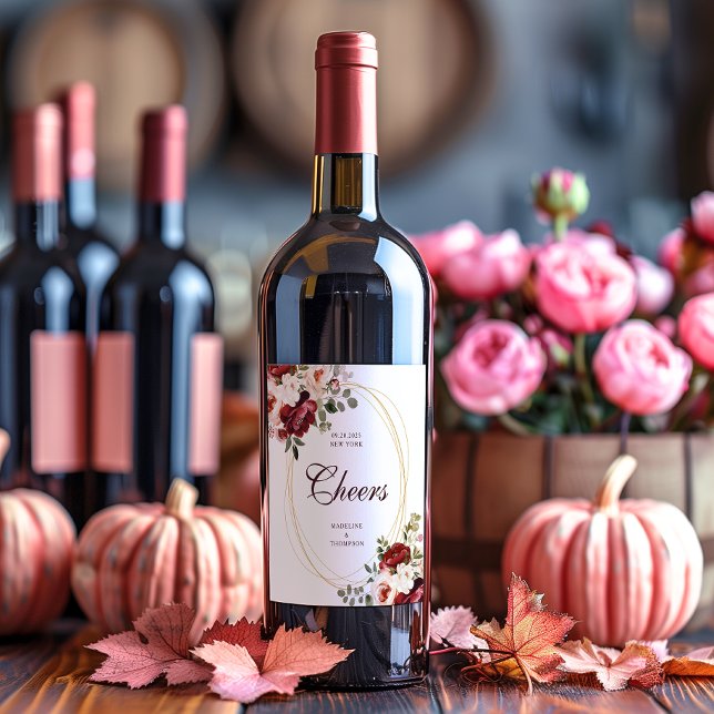 Cheers Burgundy Script Floral Gold Border Wedding Wine Label (Creator Uploaded)