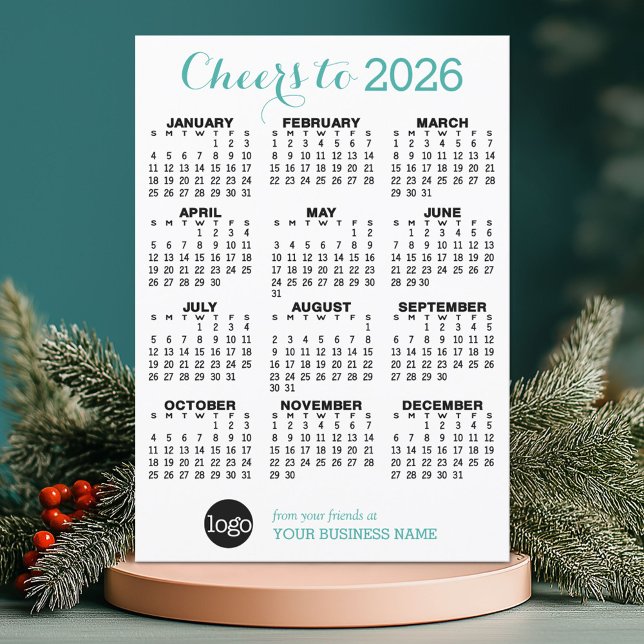 Cheers Calendar - Teal White Business Logo Holiday Card (2026 Calendar on a Holiday Business Card)