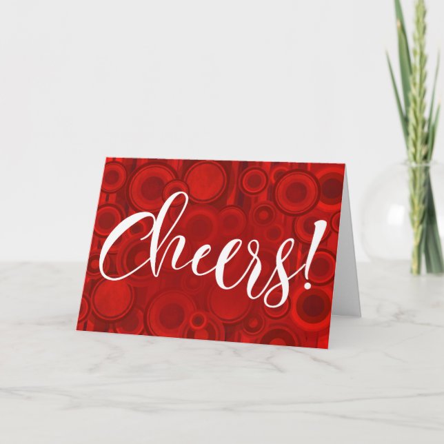 Cheers! Calligraphy Script w Red Circles & Stripes Holiday Card (Front)
