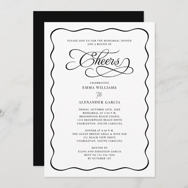 Cheers Calligraphy Wavy Border Rehearsal Dinner Invitation (Front/Back)