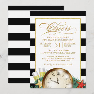Cheers Champagne Clock Stripes New Years Eve Party Invitation