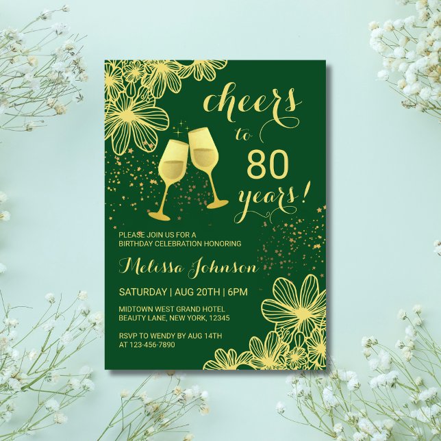 Cheers Champagne Floral Gold Green Birthday Invitation (Creator Uploaded)