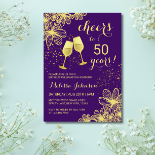 Cheers Champagne Floral Gold Purple Birthday Invitation