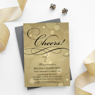 Cheers Champagne Gold Bokeh Holiday Celebration Invitation