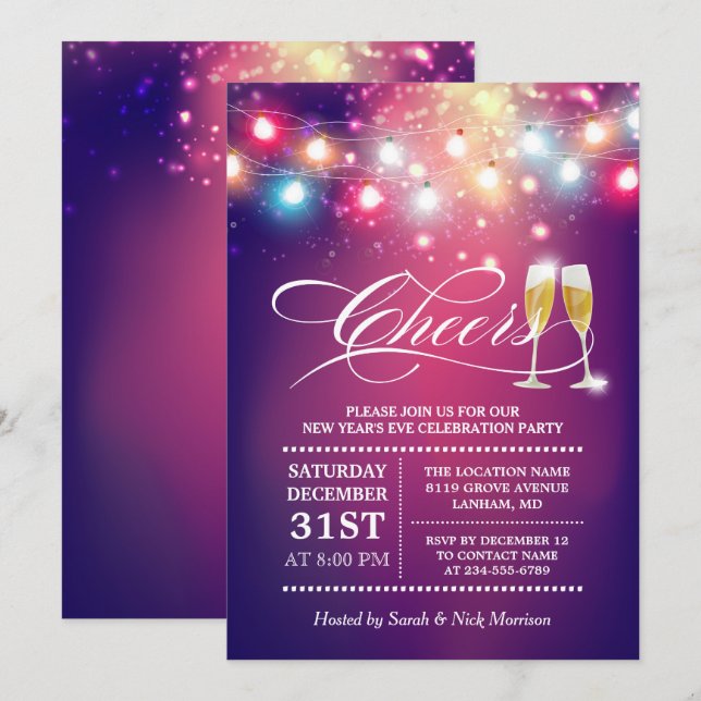 Cheers Champagne String Lights New Years Eve Party Invitation (Front/Back)