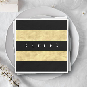 Cheers Chic Gold Foil Black Stripes Holiday Party Napkin