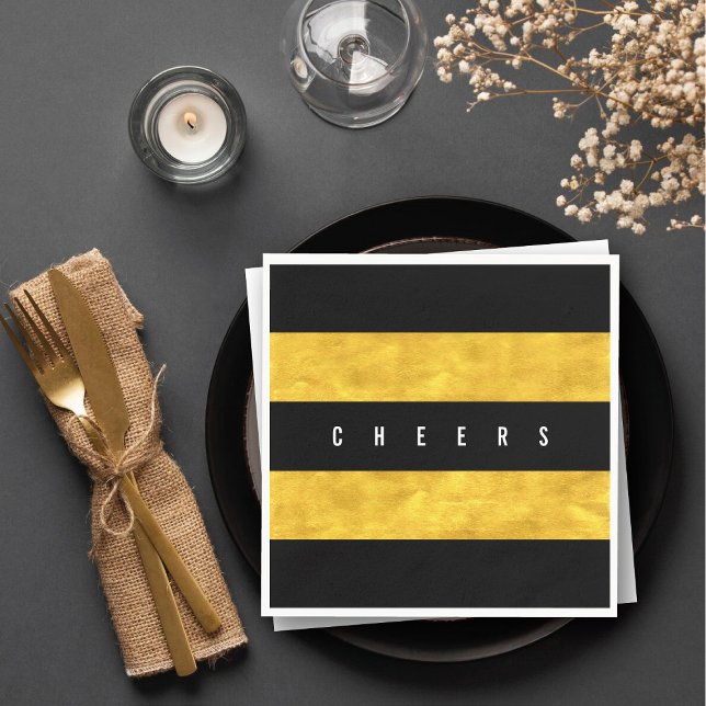 Cheers Chic Gold Foil Black Stripes Holiday Party Napkin (Cheers Chic Gold Foil Black Stripes Holiday Party Paper Napkins @ fat_fa_tin)