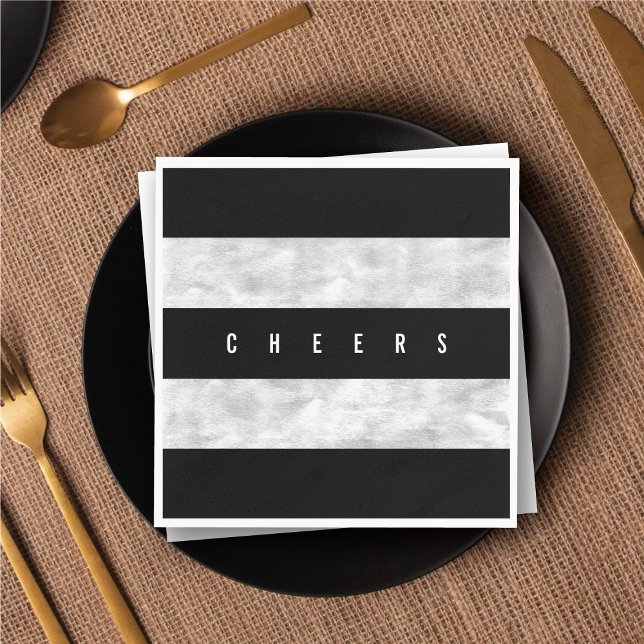 Cheers Chic Silver Foil Black Stripe Holiday Party Napkin (Cheers Chic Silver Foil Black Stripe Holiday Party Paper Napkins @ fat_fa_tin)