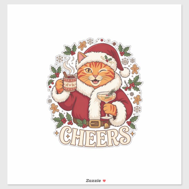 Cheers Christmas Orange Cat Santa Hat Drinks Ginge (Sheet)
