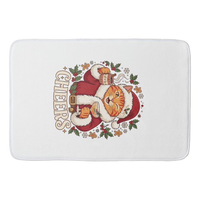 Cheers Christmas Orange Cat Santa Hat Drinks Ginge Bath Mat (Front)