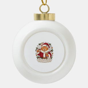 Cheers Christmas Orange Cat Santa Hat Drinks Ginge Ceramic Ball Christmas Ornament