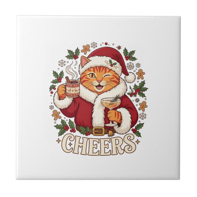 Cheers Christmas Orange Cat Santa Hat Drinks Ginge Ceramic Tile (Front)